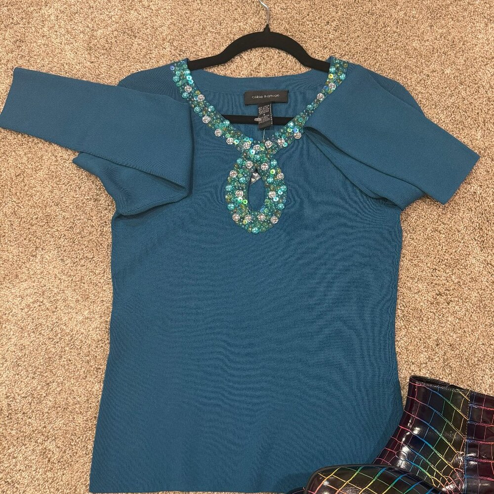 Turquoise Tailored Fall Sweater with Applique Design